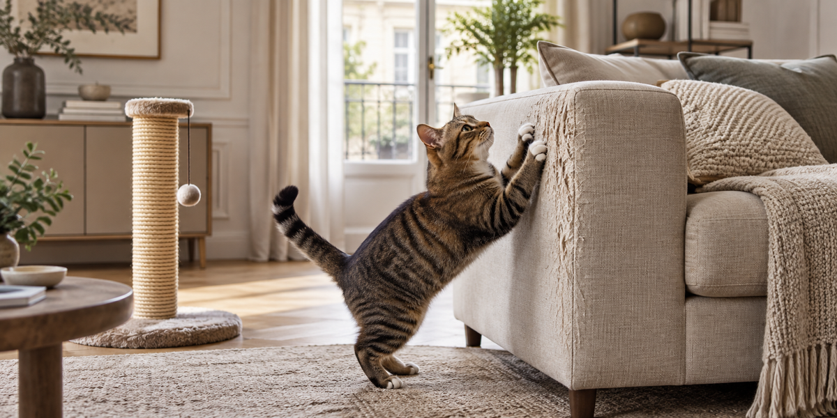 Cat scratching a sofa armrest despite having a scratching post nearby