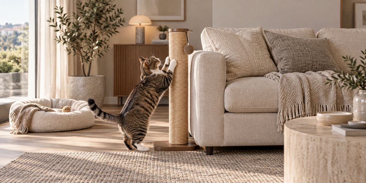 Cat using a sisal scratching post placed beside a beige sofa