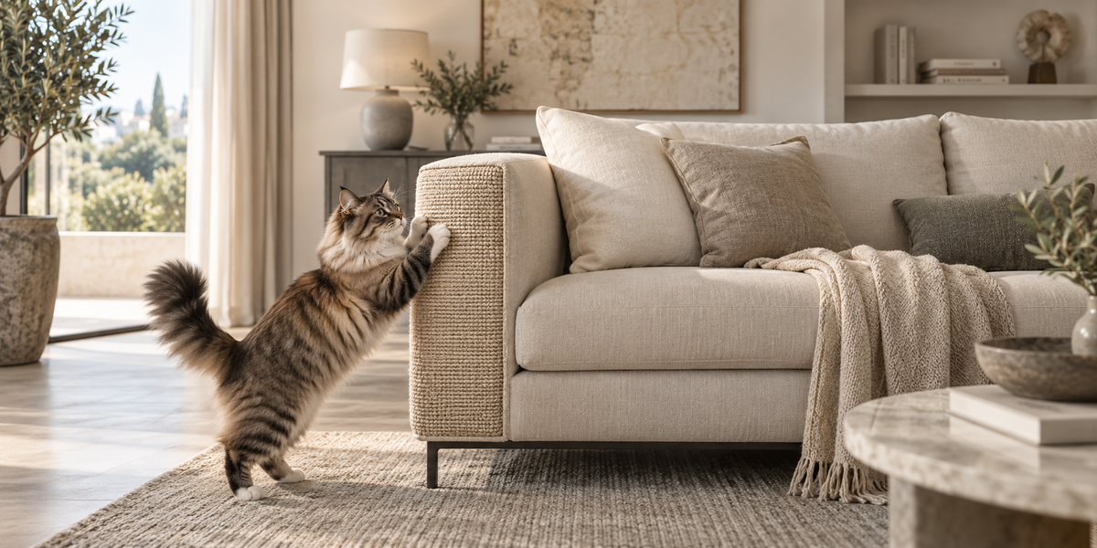 Cat using a scratching surface that protects the arm of a beige sofa