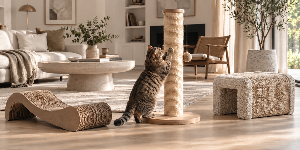 Cat comparing sisal, cardboard and carpet scratching surfaces in a modern living room