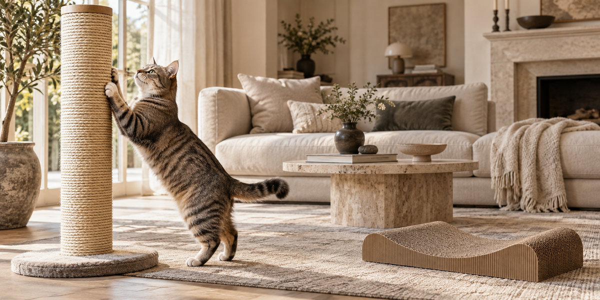 Cat choosing between vertical sisal and horizontal cardboard scratchers