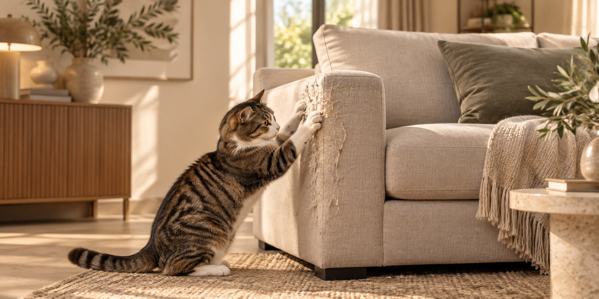 Cat scratching the armrest of a beige sofa in a modern living room