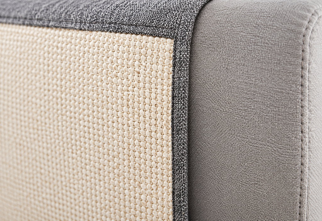 Close-up of SofaGuard natural sisal scratching surface and grey fabric on a sofa armrest