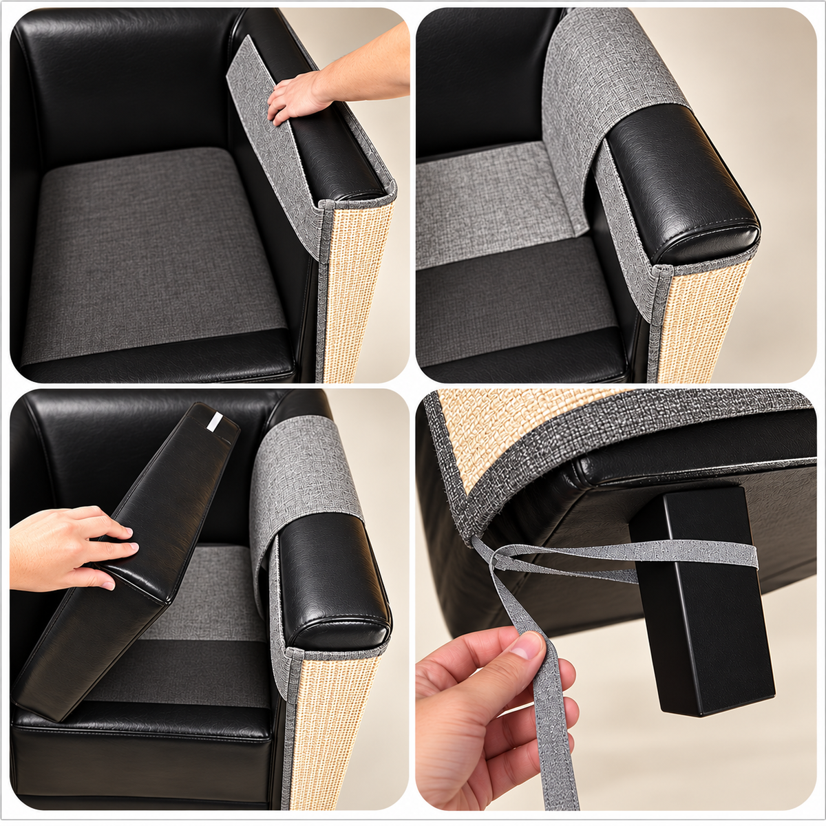 Step-by-step installation of SofaGuard cat scratch sofa protector around a sofa armrest