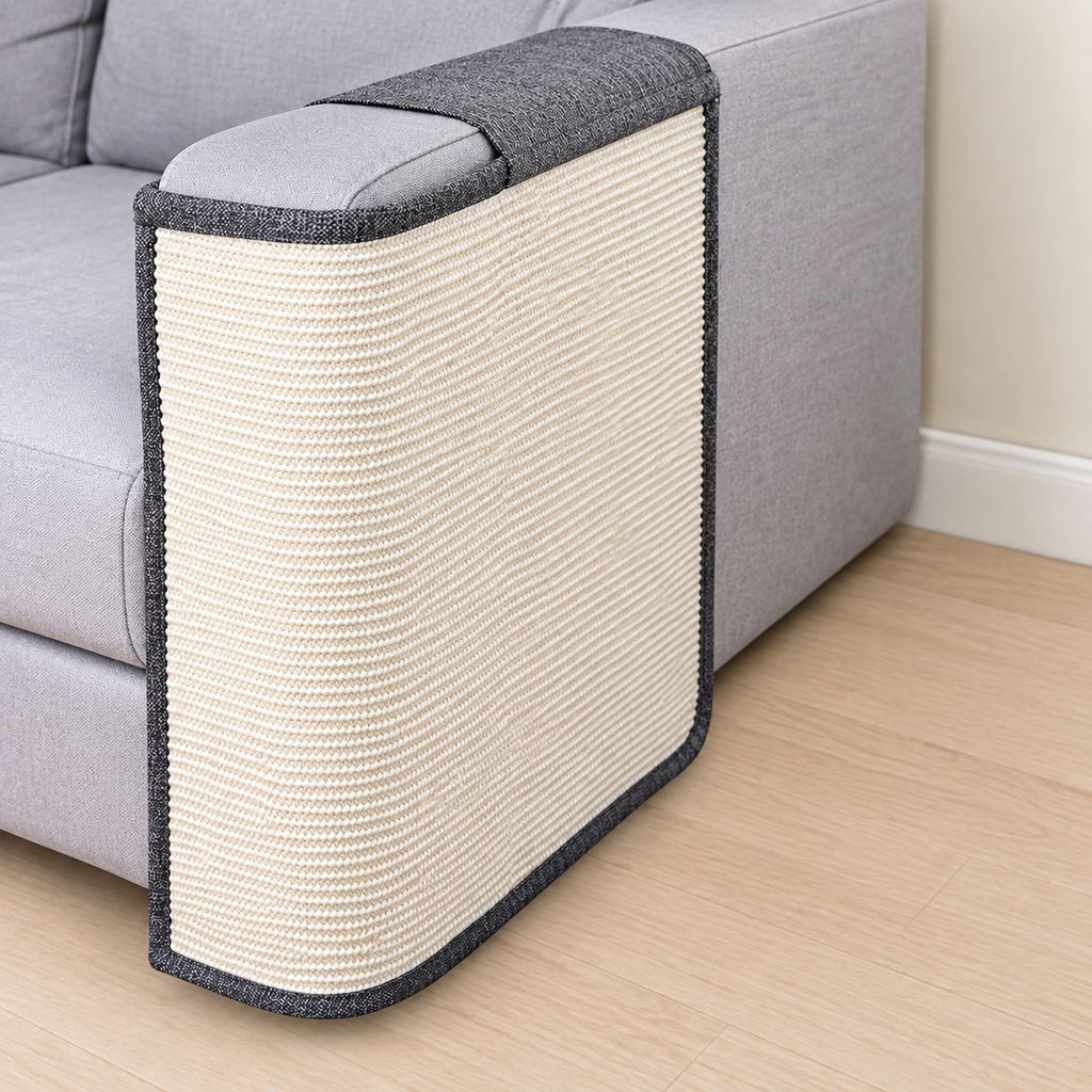 SofaGuard natural sisal cat scratch sofa protector installed on a sofa armrest