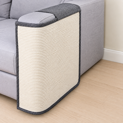 SofaGuard natural sisal cat scratch sofa protector installed on a sofa armrest
